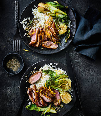 Spiced orange-glazed duck with gingered pak choi