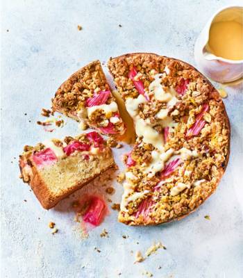 Rhubarb and custard buckle cake