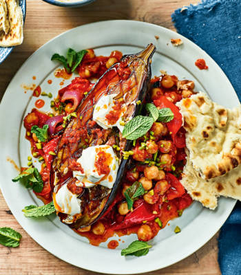 Roasted harissa aubergines with tomato, red pepper and chickpea stew