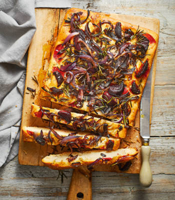 Roasted beetroot and red onion focaccia