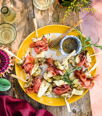 Artichoke, Manchego, Serrano ham and honey pintxos