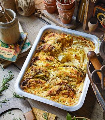 Savoy cabbage gratin with herby cheddar crumbs