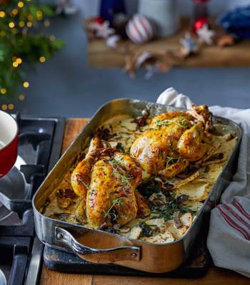 Poussins with potato, celeriac and porcini gratin
