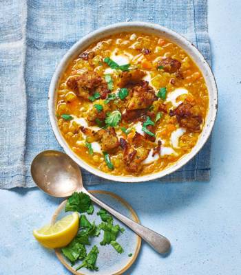 Spiced carrot and lentil soup with bhajia nuggets