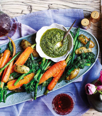 Spring veg with coriander-mint pesto