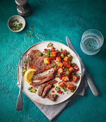 Steak with sweet potato succotash