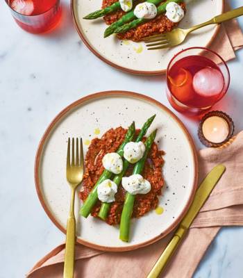 Asparagus with whipped ricotta and romesco sauce