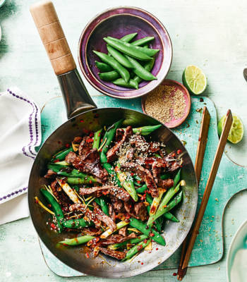 Sticky sesame beef and spring onion stir-fry