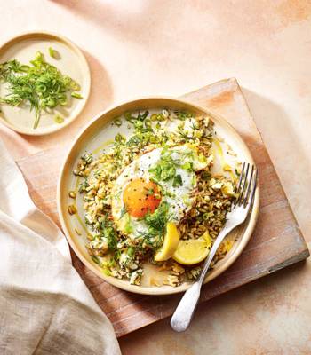 Dill and feta rice with crispy fried eggs