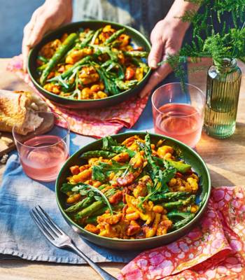 Warm saffron chicken, white bean and chorizo salad