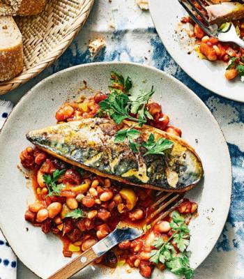 Sicilian-style mackerel with white beans and caponata