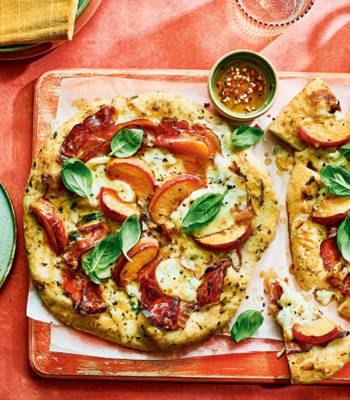 Dolcelatte, prosciutto and pickled peach pizza with hot honey
