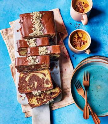 Milk chocolate, tahini and halva loaf cake 