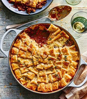 Cheesy aubergine and mushroom patchwork pie