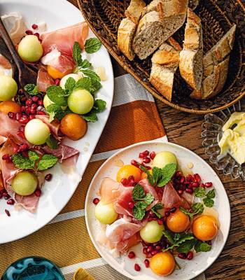Gin-cured melon with Parma ham, mint and pomegranate