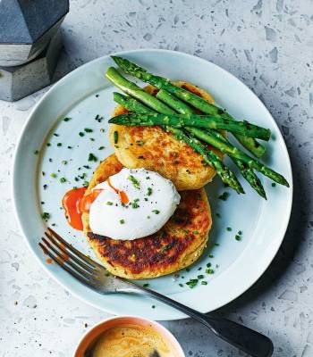 Potato pancakes with grilled asparagus and poached eggs