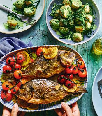 Roast sea bream with samphire potato salad