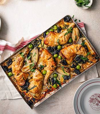 Chicken, prune and olive traybake