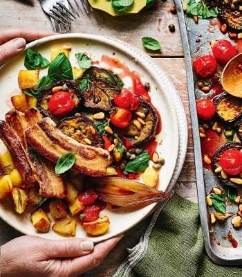Pork belly with roasted aubergine and tomatoes