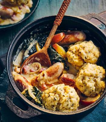 Sausage and apple casserole with sage dumplings
