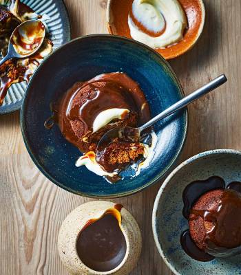 Sticky toffee pudding with miso toffee sauce and whipped crème fraîche