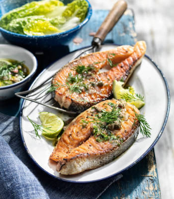 Salmon steaks with caper and anchovy salsa