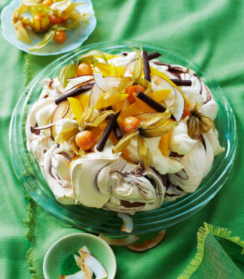 Chocolate swirl pavlova with mango and physalis