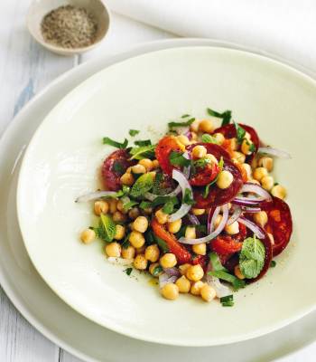 Warm chorizo and chickpea salad