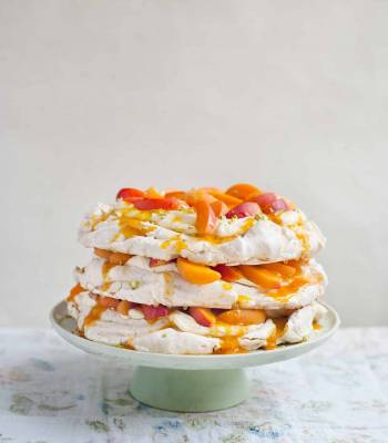 Pistachio and apricot meringue layer cake