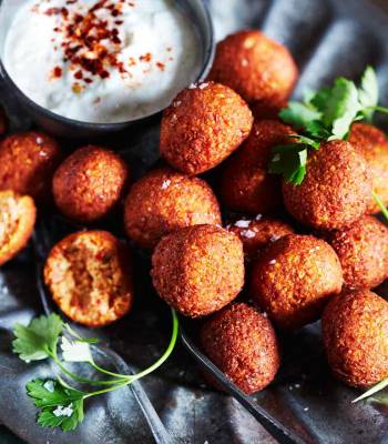 Fragrant spiced red pepper falafel with smoky yogurt dip