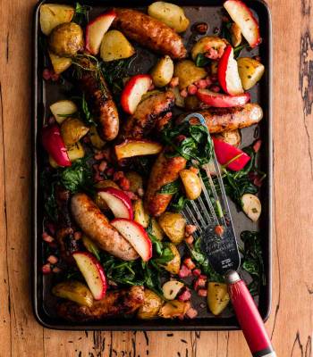 Sausage and apple traybake