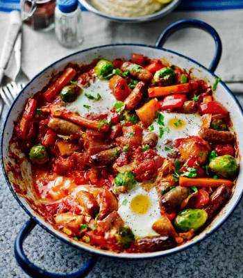 Turkish bubble and squeak with eggs and tahini dressing