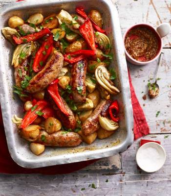Sausage, fennel and pepper traybake