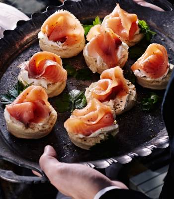 Potato and black pepper scones with soured cream and smoked salmon