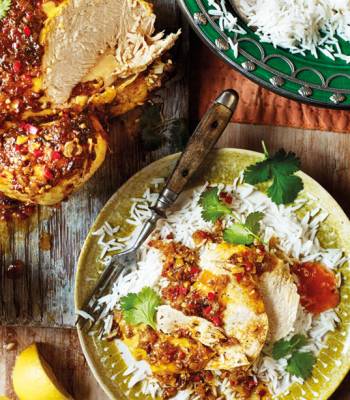 Pot-roasted curried chicken with garam masala, mango chutney and lemon