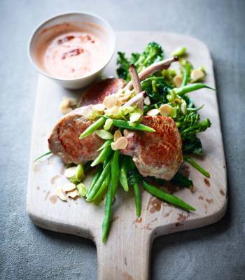 Lamb cutlets with harissa yogurt and 'midget trees'
