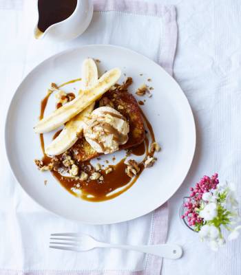 French toast with vanilla bean ice cream, toffee sauce and bananas