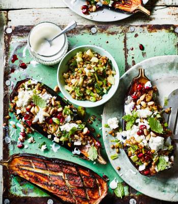 Baharat-spiced baked aubergines with feta, fennel and spelt