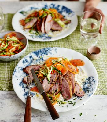 Pan-fried duck with soft herb and grapefruit slaw