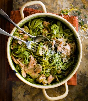Salmon and watercress chilli pesto pasta