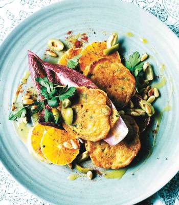 Manchego fritters with Seville orange dressing