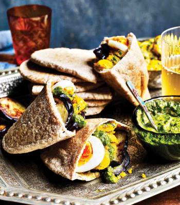 Aubergine, spiced potato and zhoug pitta