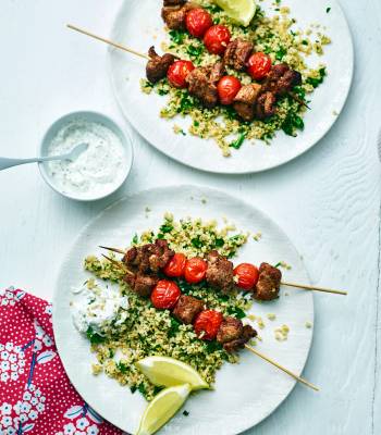 Spicy lamb skewers with herby bulgur