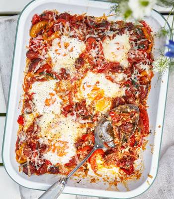 Chorizo baked eggs with peperonata