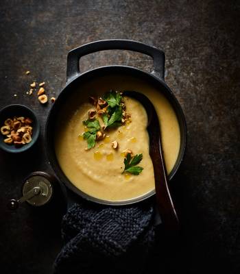 Roasted celeriac soup with hazelnut crumbs