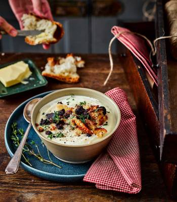 Maple-roasted celeriac and parsnip soup with black pudding crumbs 