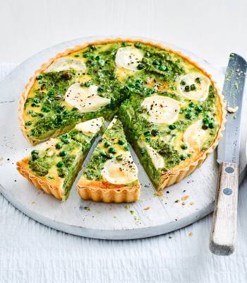 Goats’ cheese and pea pesto tart