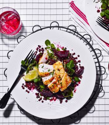 Cod loin with beetroot and lentil salad