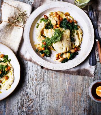 Hake, celeriac purée and balsamic chickpeas
