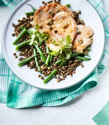 Pork with caper lemon sauce and green bean lentils